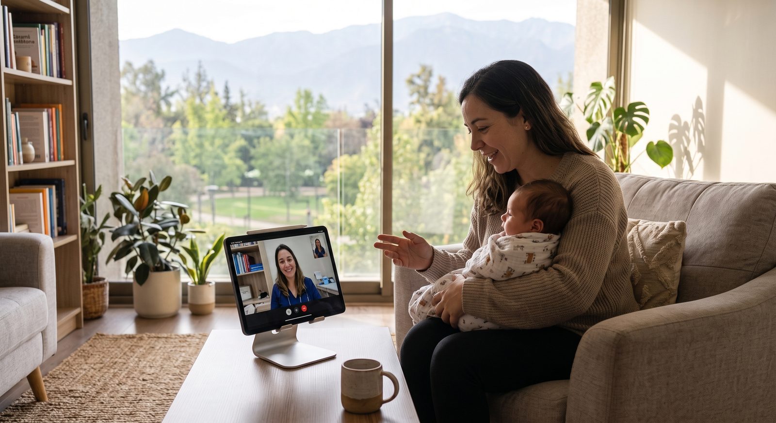Mamá con su bebé en brazos conversando por videollamada con su matrona
