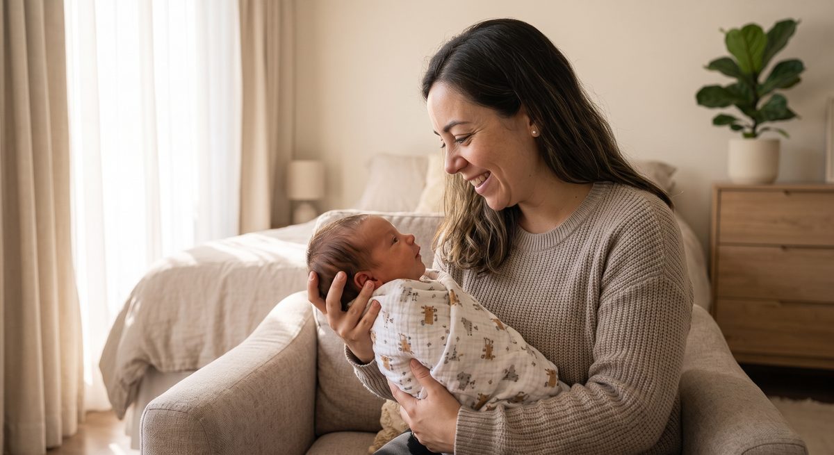 Mamá sonriendo con su recién nacido en brazos