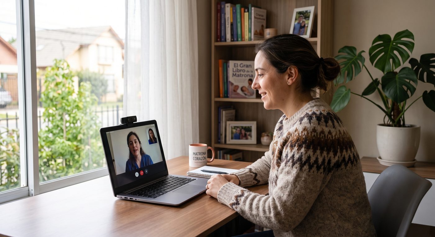Paciente en su casa conversando con su matrona por videollamada desde el computador